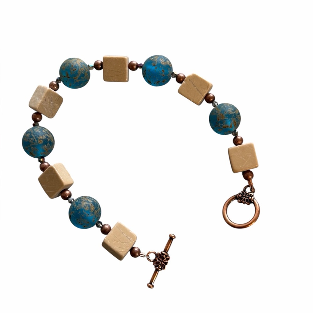 Handcrafted Blue Czech Glass Marble & African Copper Beaded Bracelet